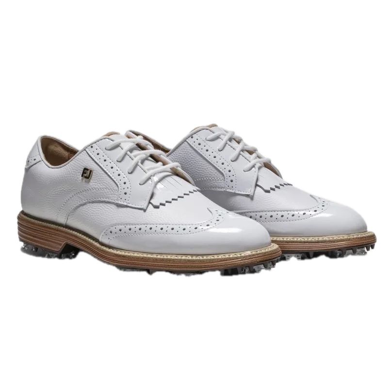 Chaussures de golf à crampons Footjoy Premiere Series Madison - paire en trois-quarts avant | #color_blanc/beige