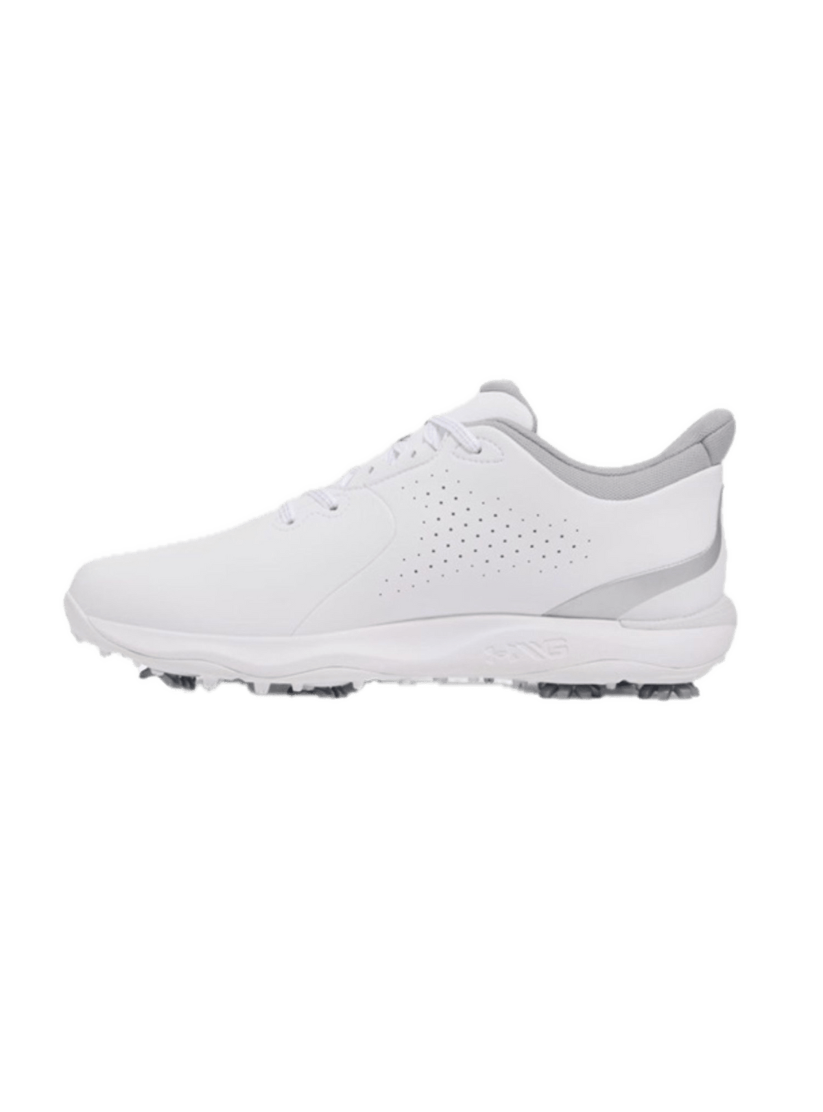Chaussures de golf à crampons Under Armour Drive Fade - paire en trois-quarts avant | #color_blanc/argent