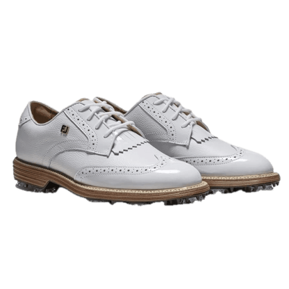 Chaussures de golf à crampons Footjoy Premiere Series Madison - paire en trois-quarts avant | #color_blanc/beige
