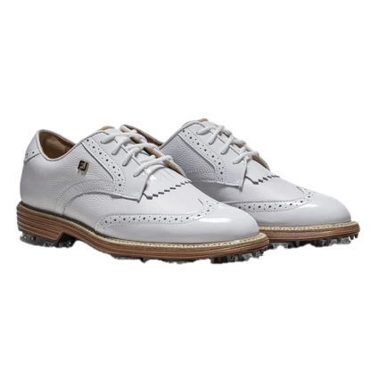 Chaussures de golf à crampons Footjoy Premiere Series Madison - paire en trois-quarts avant | #color_blanc/beige
