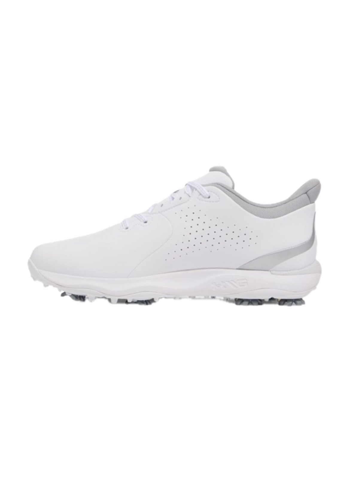 Chaussures de golf à crampons Under Armour Drive Fade - paire en trois-quarts avant | #color_blanc/argent