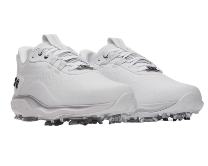 Chaussures de golf sans crampons Under Armour Drive Pro Clone SL White - paire en trois-quarts avant | #color_blanc/metallic-silver